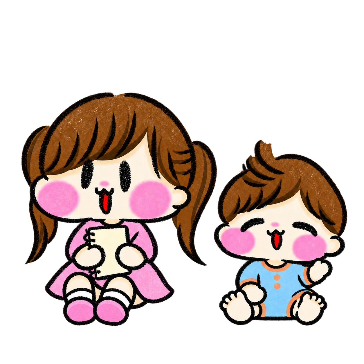 二つ結びの娘さんと、お座りした赤ちゃんの息子さんのキャラクター