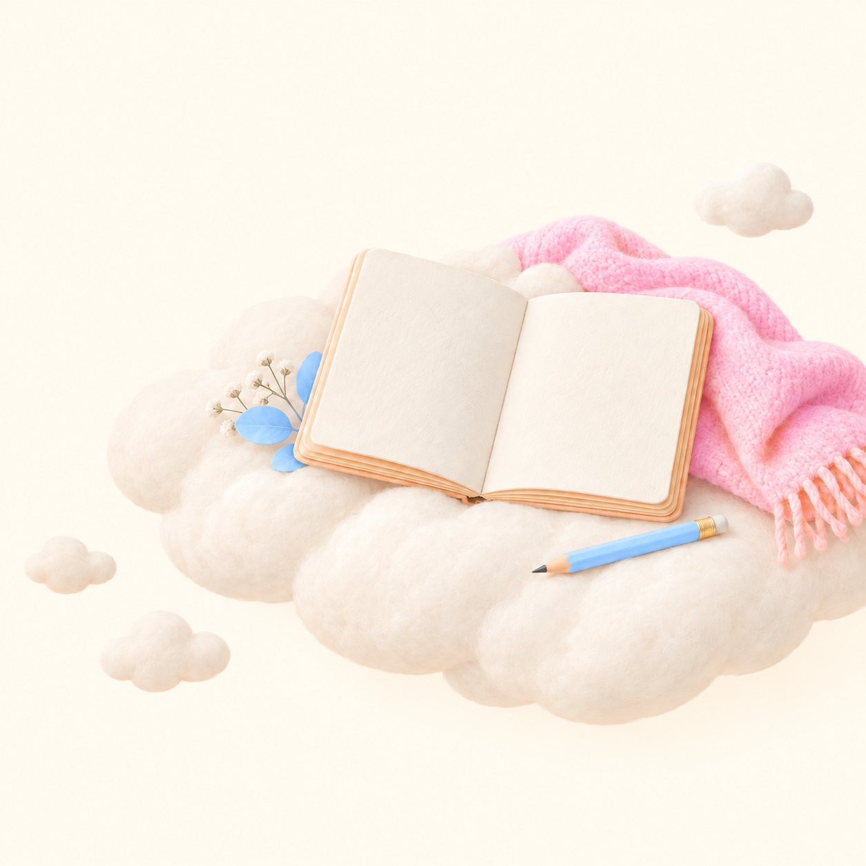 ふわふわの雲に開いたノートと、淡いピンクのブランケット